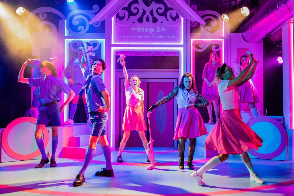 Eight young people are on a stage, mid-dance. The boys are in blue shorts and shirts. with blue knee-length socks. The girls are in pink shirts and skirts. The stage is lit with pink and blue lighting and behind them a sign reads "step 2: Rediscovering your gender identity".