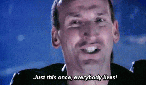 GIF: the Ninth Doctor excitedly saying "Just this once, everybody lives!"